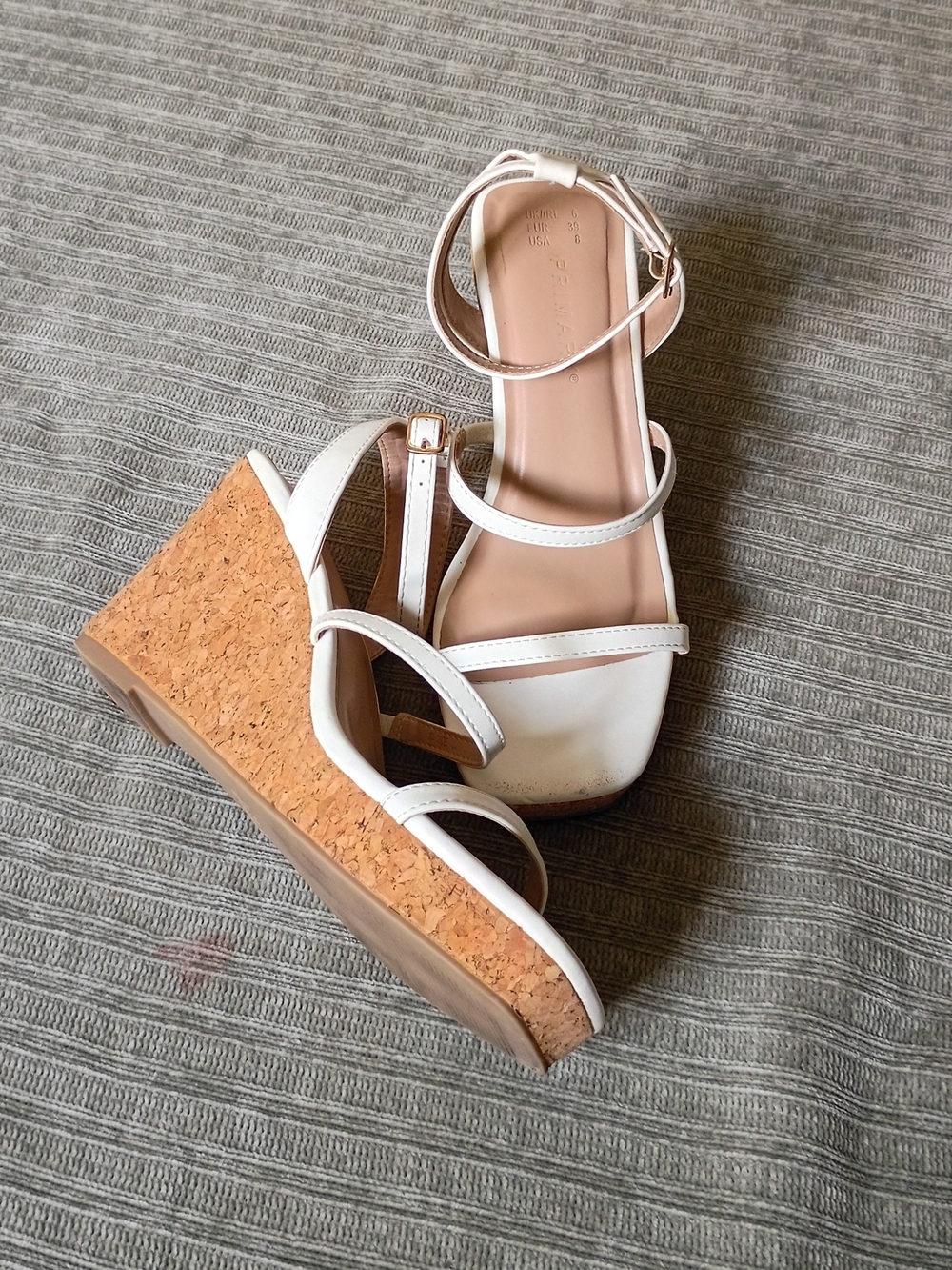 Primark White Strappy Cork Wedge Sandals Size 8 US / 39 EUR Summer Platform